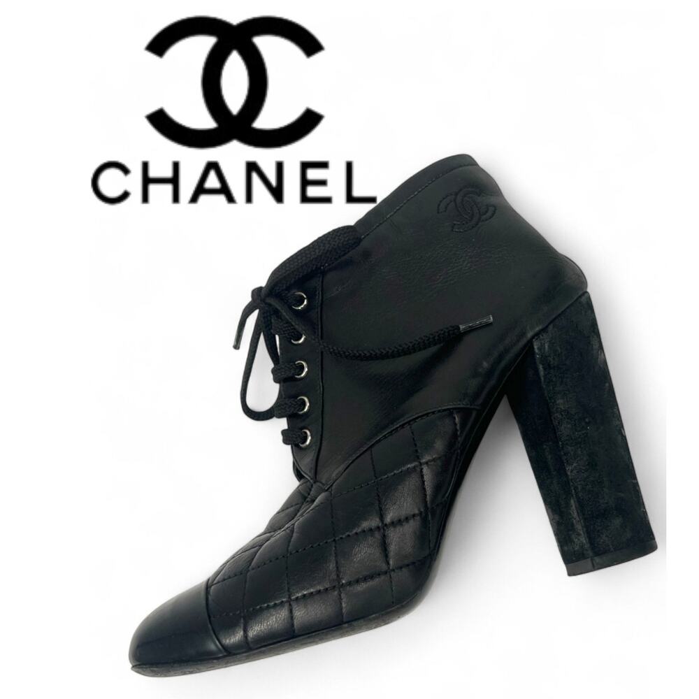 CHANEL boots 9 Matrasse Booties Short Heels Quilted Chunky Lace Up Women 39